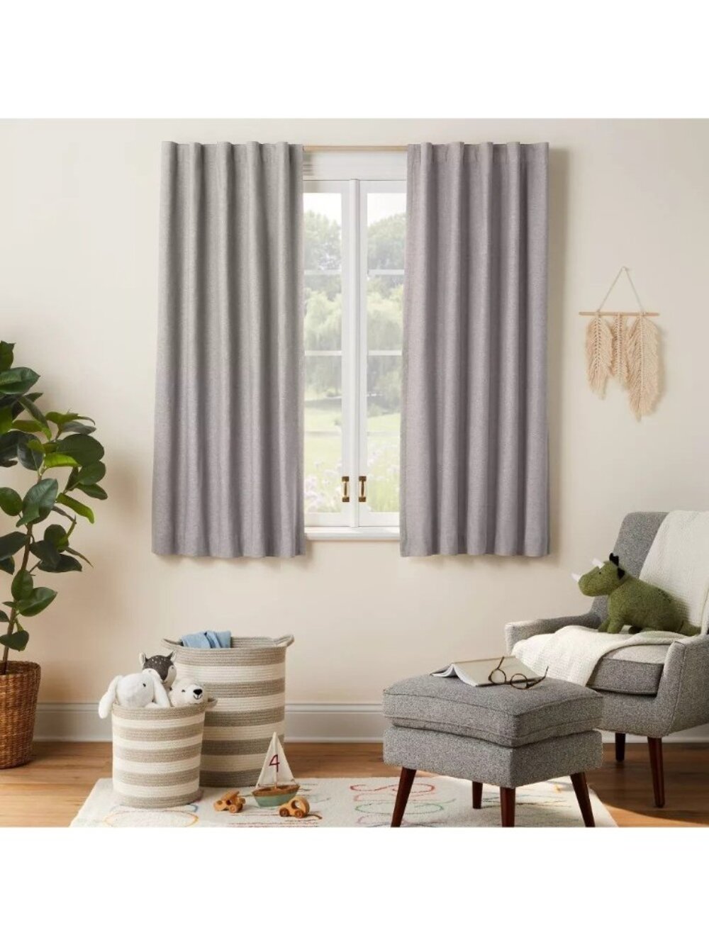Pillowfort Heathered Light Gray Chambray Cotton Blackout Curtain Panel 42" x 63"